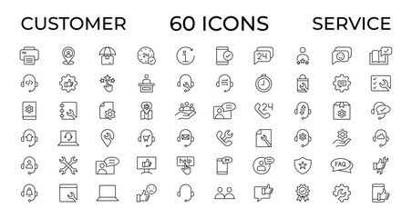 Customer service icon set. Containing customer satisfied, assistance, experience, feedback, operator and technical support icons. Thin outline icons pack.