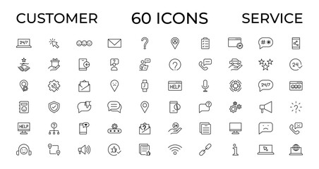 Customer service icon set. Containing customer satisfied, assistance, experience, feedback, operator and technical support icons. Thin outline icons pack.