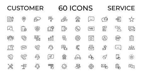 Customer service icon set. Containing customer satisfied, assistance, experience, feedback, operator and technical support icons. Thin outline icons pack.