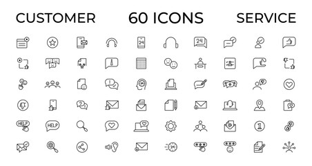Customer service icon set. Containing customer satisfied, assistance, experience, feedback, operator and technical support icons. Thin outline icons pack.