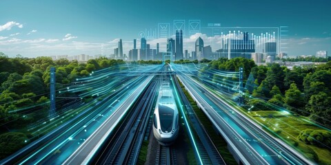 Fototapeta premium Futuristic Cityscape with a High-Speed Train and Data Streams