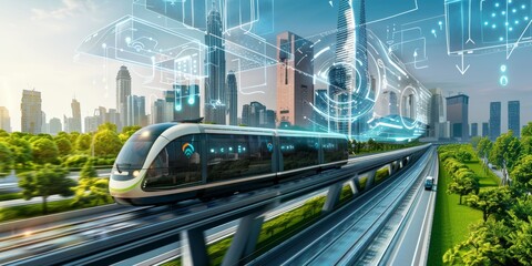 Fototapeta premium Futuristic Cityscape with Automated Train and Smart City Technology