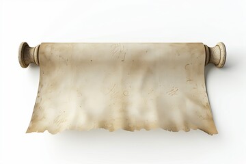 Old blank parchment scroll isolated on white. Concept of history, antiquity, and vintage documents.