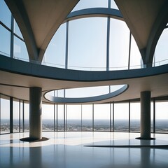Fototapeta premium Modern abstract clean avanguard building, white, large windows, curvy lines, bright blue sky above