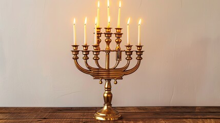 Fototapeta premium Glowing Hanukkah Menorah with lit candles on a wooden table. Celebrate the festival of lights, Jewish tradition, and religious holiday.
