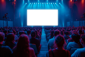 Audience at a presentation with empty blank white screen on stage, transparent PNG