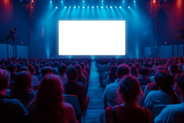 Audience at a presentation with empty blank white screen on stage, transparent PNG
