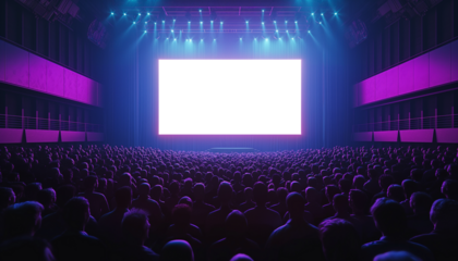 Audience at a presentation with empty blank white screen on stage, transparent PNG