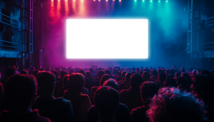 Audience at a presentation with empty blank white screen on stage, transparent PNG