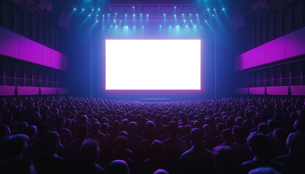 Audience at a presentation with empty blank white screen on stage, transparent PNG