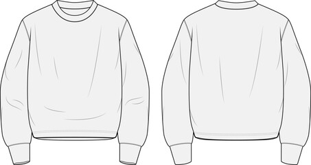 Crewneck Sweater Fashion Illustration Mock-up Template for Design and Tech Packs Front and Back Views