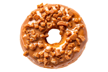 Closeup view of a caramel glazed donut with chocolate drizzle, isolated on white transparent background.