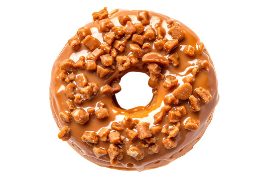 Closeup view of a caramel glazed donut with chocolate drizzle, isolated on white transparent background.