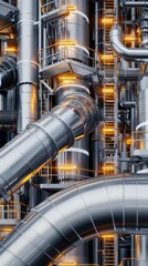 Closeup of industrial pipes and structures in a modern factory.