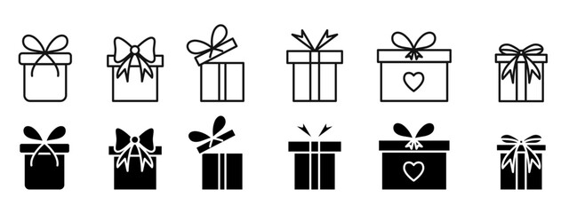 Gift box icon, gift boxes in filled and outlined styles, surprise gift box for christmas 