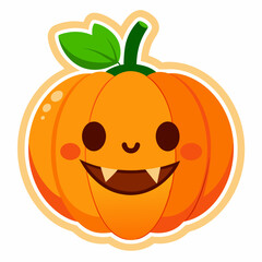 A cartoon illustration of a pumpkin with a face and teeth, smiling