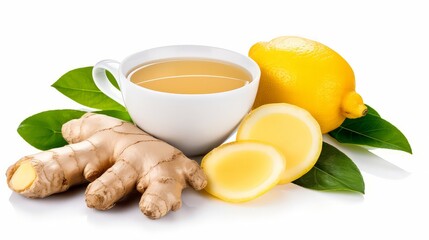 Fresh ginger roots, lemon and cup of tea isolated on white background.
