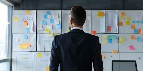 A businessman evaluating ideas on a brainstorming board in his office. Concept Business Strategy, Brainstorming Session, Professional Environment, Idea Evaluation, Office Setting