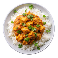 Chicken curry with basmati rice on white plate top view isolated on transparent background
