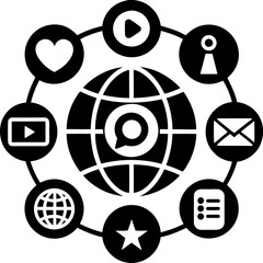 A black and white globe icon with social media icons