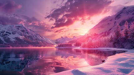 Stunning pink sunset over snowy mountain peaks and lake. copy space for text.