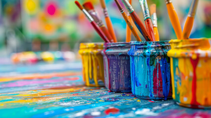 Vibrant paint jars and brushes on a splattered table, perfect for art and creativity themes.