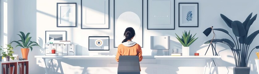 A person interacting with a virtual assistant hologram, sleek office backdrop, rule of thirds