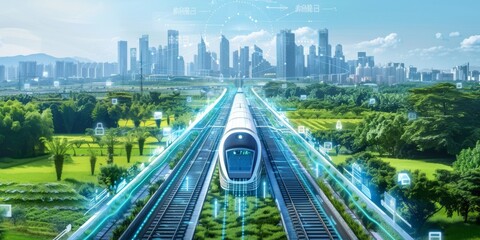 Modern High-Speed Train Traveling Through a Green Landscape