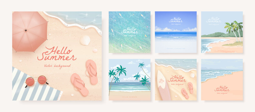 Set of beautiful summer tropical beach sea resort background design template for poster, flyer, web banner, cover, booklets and greeting card. Vector illustration
