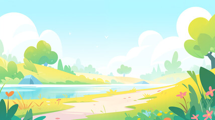 Fototapeta premium Hand drawn cartoon summer outdoor landscape illustration background 