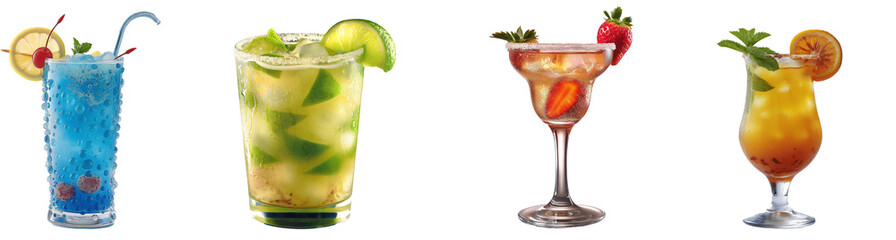 Bright and refreshing cocktail drinks including blue lagoon with raspberries and lemon, margarita with lime, strawberry daiquiri with fresh strawberries, iced tea with mint and blood orange.
