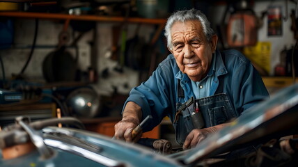 Obraz premium Elderly Mechanic Restoring Classic Car Garage Workshop