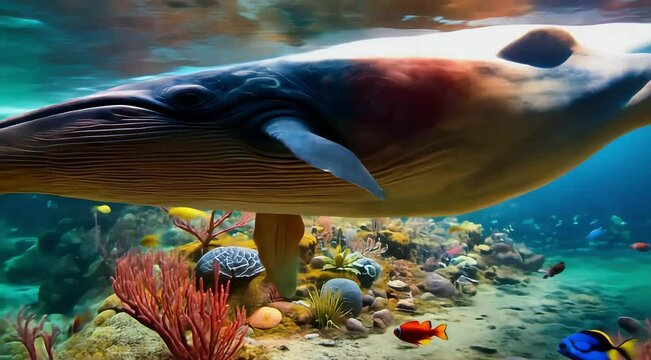 Colorful whales swimming in the deep sea. whale, sea, wildlife, animal, nature, ocean, deep, underwater, marine, water.