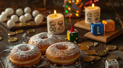 Naklejka premium Celebrating Hanukkah. A still life with Sufganiyot (donuts), dreidels, gelt (chocolate coins), and candles.