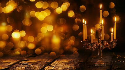Antique Candelabra With Burning Candles On A Wooden Table, Golden Bokeh Background
