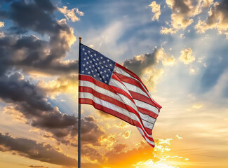 American flag, evening sky background, American independence day, 4th of July