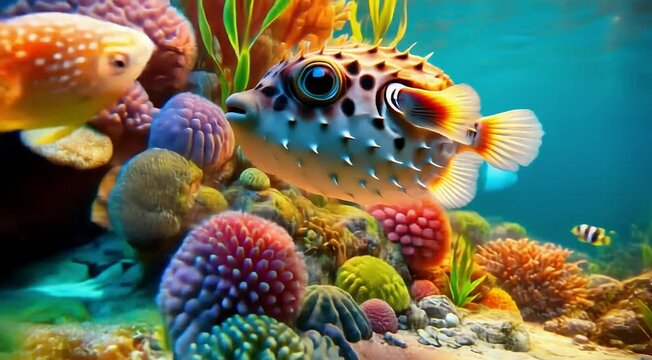 Colorful puffer fish swimming in the deep sea. marine, underwater, aquarium, ocean, deep, animal, tropical, sea, water, nature, fish.