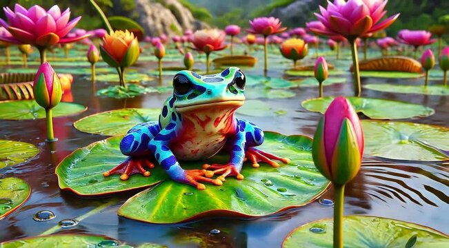 Colorful frogs sit on lotus leaves in the pond. animal, cute, frog, wildlife, nature.