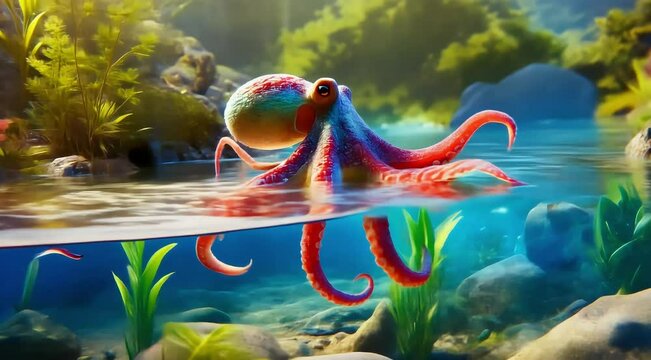 Colorful squid float on the surface of the water. sea, ocean, squid, animal, underwater, marine, fish.