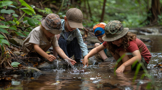 Group of children wearing hats exploring a forest stream, playing with water and having an outdoor adventure.