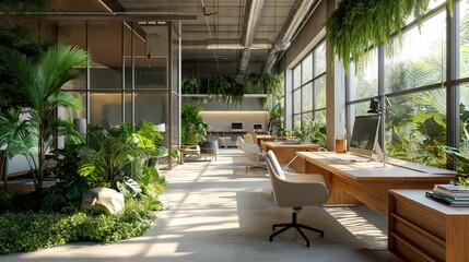 Modern Office Space With Abundant Greenery and Natural Light