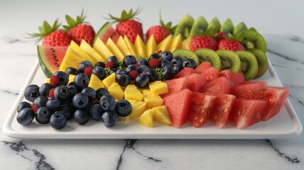An artfully arranged platter of fresh fruits including strawberries pineapple blueberries kiwi and watermelon displayed on a white marble countertop