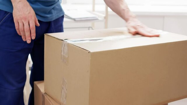 Aging Mover Team Wrapping Furniture Boxes for In-House Delivery Service
