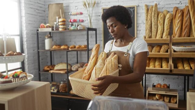 Middle-aged woman holding basket with bread loaves in a bakery shop interior