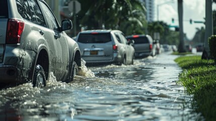 Hurricane rainfall flooded Florida roads evacuating cars and surrounding water houses in a suburban residential area.