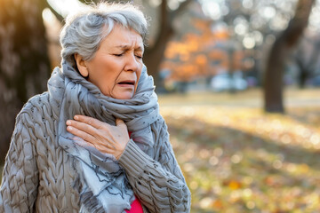 American elder woman with chest pain. Heart attack patient.