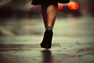 Walking In Heels. Elegant Black High Heels - Closeup on Woman's Feet