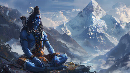 Lord Shiva, the Hindu god, meditating serenely on an icy mountain
