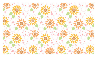 ひまわりとドットのシームレスパターン背景/ピンクドット