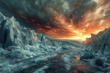 Fototapeta premium Majestic glacial landscape with dramatic sunset sky, showcasing icy formations and vibrant colors reflecting on the water.